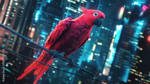 Obraz na płótnie Bright Red Bird Perching Wires Urban Landscape Night with City Lights w salonie