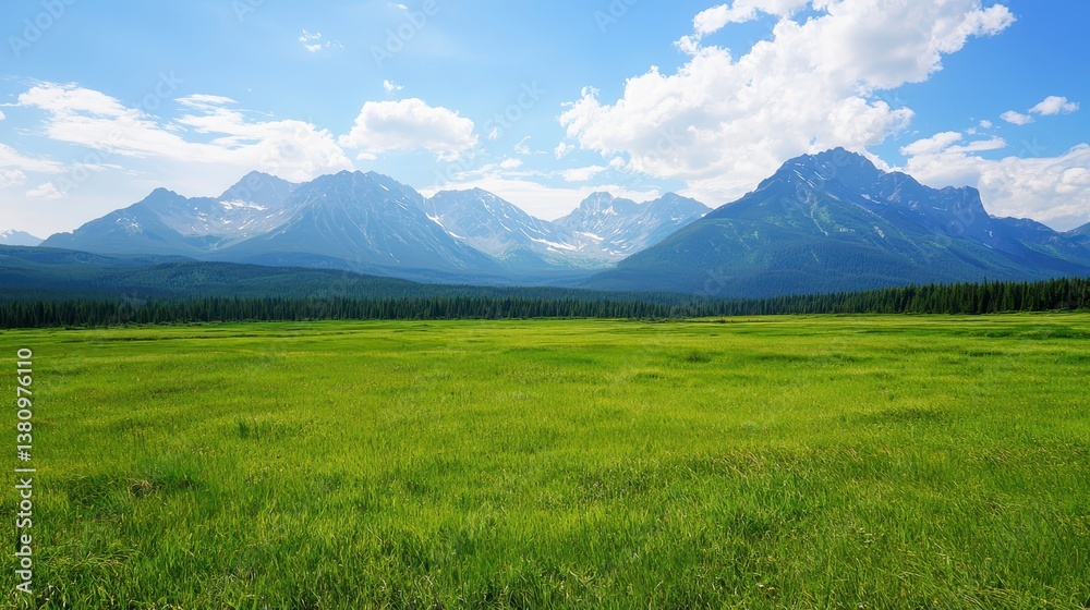 Serene landscape, majestic mountains rise above a tranquil field of grass Serene landscape, majestic mountains rise above a tranquil field of grass