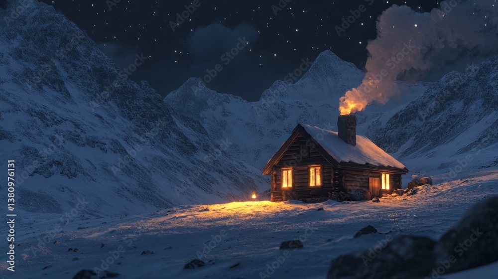 Cabin Glows Warmly in Snowy Mountain Landscape Under Starry Night