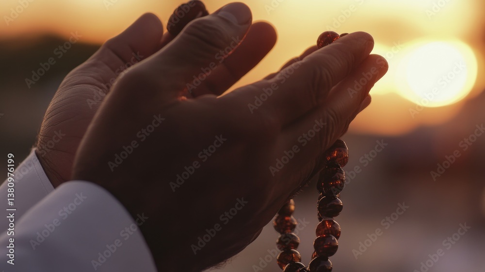 Holding Prayer Beads at Sunset in Quiet Reflection and Spirituality