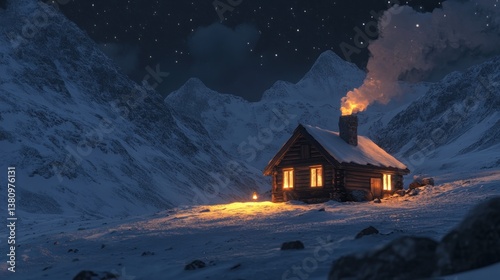 Obraz na płótnie Cabin Glows Warmly in Snowy Mountain Landscape Under Starry Night w salonie