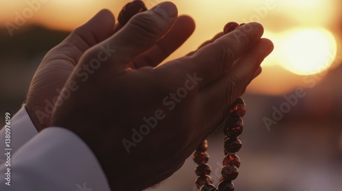 Obraz na płótnie Holding Prayer Beads at Sunset in Quiet Reflection and Spirituality w salonie