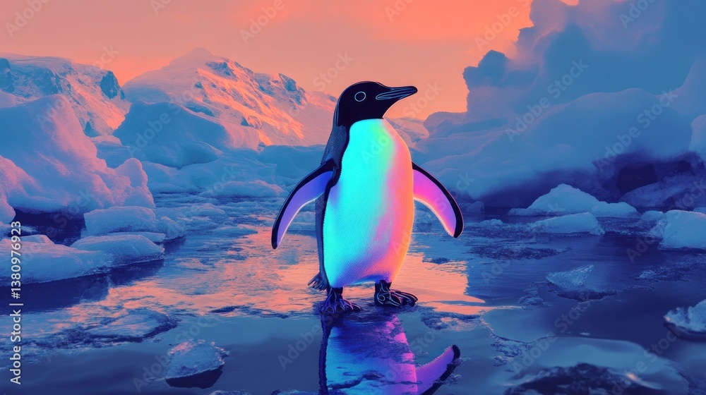 Penguin Standing on Iceberg Reflection Under Colorful Sky at Dusk