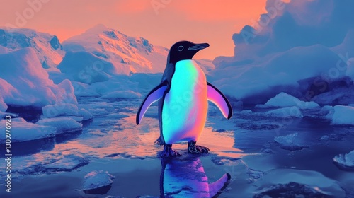 Obraz na płótnie Penguin Standing on Iceberg Reflection Under Colorful Sky at Dusk w salonie