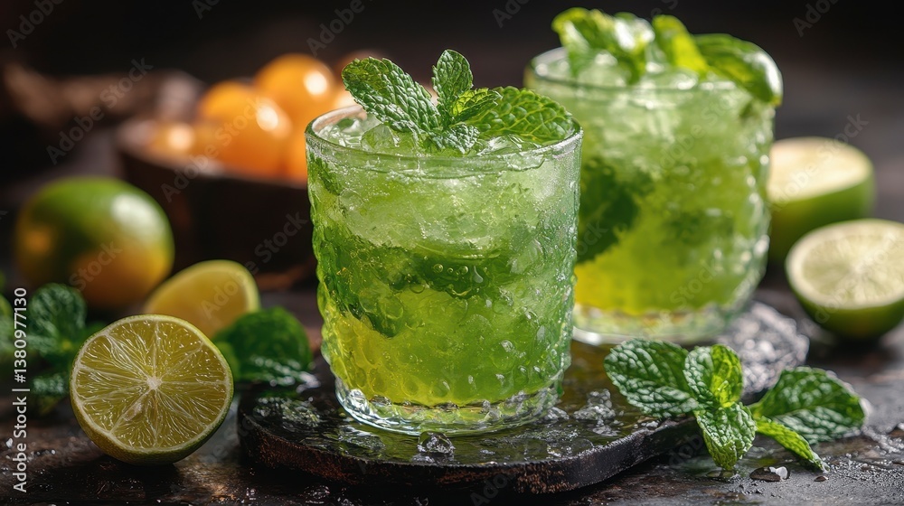 Refreshing green drink! Two glasses with crushed ice and mint Refreshing green drink! Two glasses with crushed ice and mint