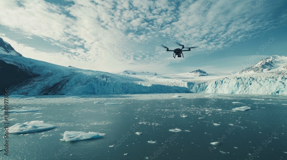 Drone Flying Over Glacier Lagoon with Icebergs and Mountain Views