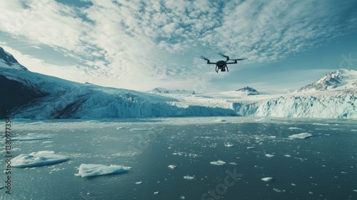 Obraz na płótnie Drone Flying Over Glacier Lagoon with Icebergs and Mountain Views w salonie