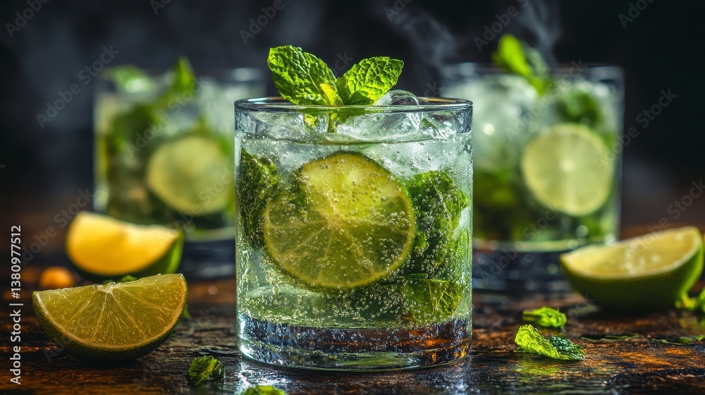 Refreshing drinks featuring lime, mint, ice, and soda on a dark, rustic surface Refreshing drinks featuring lime, mint, ice, and soda on a dark, rustic surface
