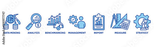 Business Intelligence icon set illustration concept with icon of data mining, analysis, Strategy, measurement, benchmarking, report and management
