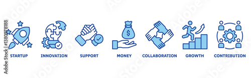 Crowdfunding icon set illustration concept with icon of startup, innovation, support, money, collaboration, growth, contribution 