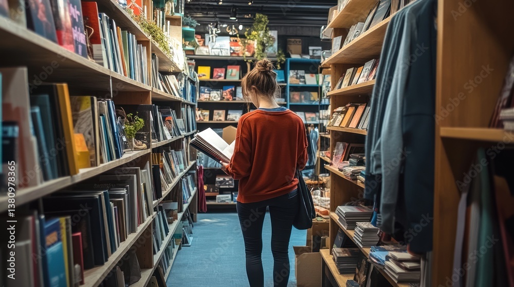 Woman Reading Book Standing in Bookstore Aisle with Many Books