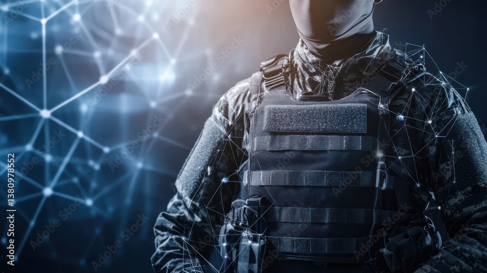 Standing Soldier with Digital Network Overlay for Secure Communications Concept