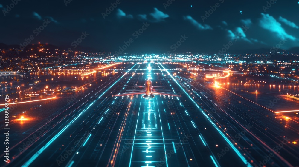 Airplane Landing at Night with City Lights and Glowing Runway