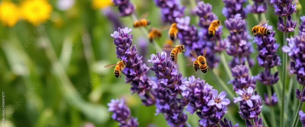 Fototapeta premium Busy bees flitting among vibrant purple lavender, crafting beeswax flowers, countryside, honeybee, purple flowers