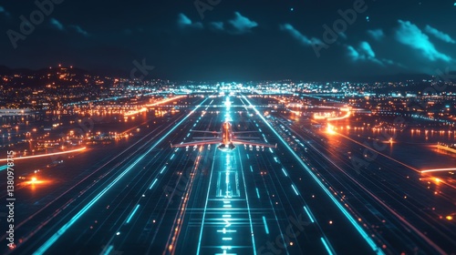 Obraz na płótnie Airplane Landing at Night with City Lights and Glowing Runway w salonie