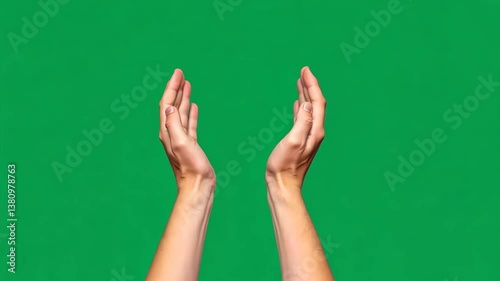 Close-up of two raised hands in cupped gesture on green screen for concepts of support, offering, or digital compositing.