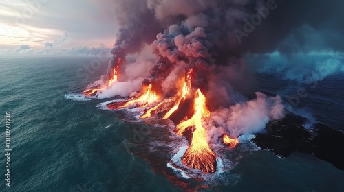Obraz na płótnie Volcanic Eruption Reaching Ocean Shoreline with Smoke and Lava Flow w salonie