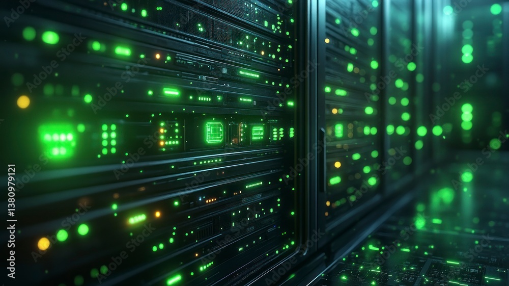 A cloud server rack with multiple LED indicators and a digital dashboard, under neon green lighting, creating a high-tech and organized atmosphere. A cloud server rack with multiple LED indicators and a digital dashboard, under neon green lighting, creating a high-tech and organized atmosphere.