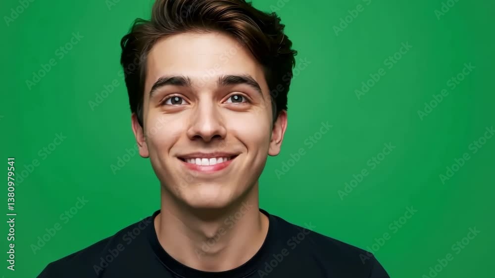 Cheerful young man smiling with confident expression in front of green screen background. Cheerful young man smiling with confident expression in front of green screen background.