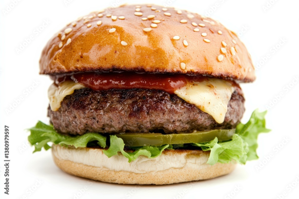 Delicious cheeseburger with lettuce and pickles displaying sesame bun Delicious cheeseburger with lettuce and pickles displaying sesame bun