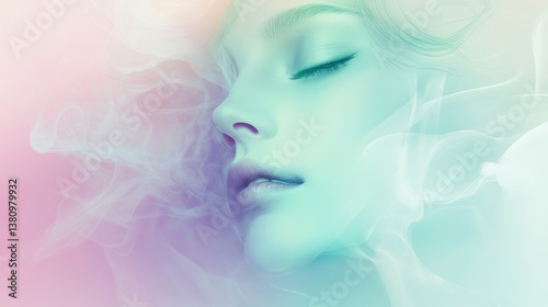 Obraz na płótnie Woman's Profile with Eyes Closed and Soft Colored Smoke Aesthetic w salonie
