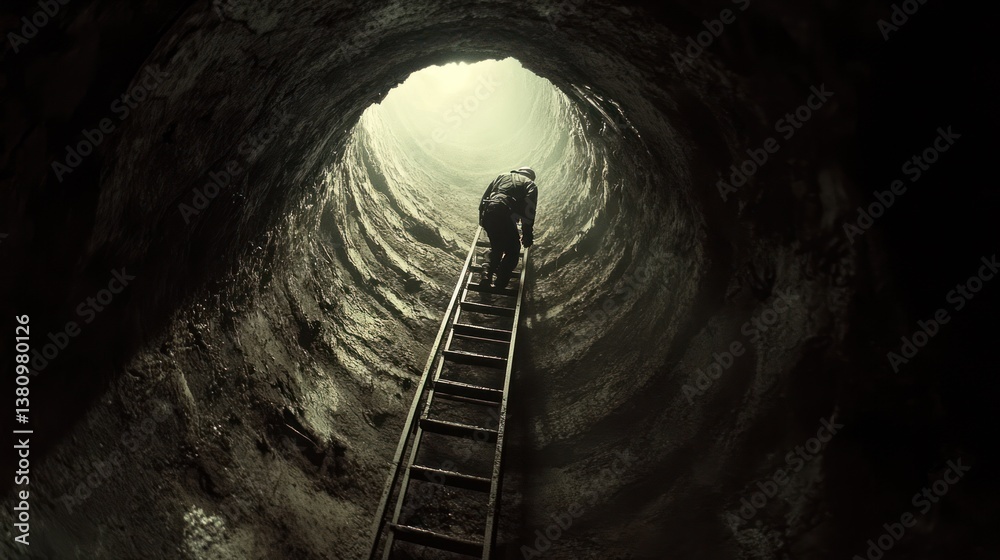 Climbing Ladder in Dark Tunnel Towards Light at End Perspective