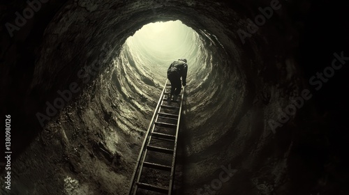 Obraz na płótnie Climbing Ladder in Dark Tunnel Towards Light at End Perspective w salonie