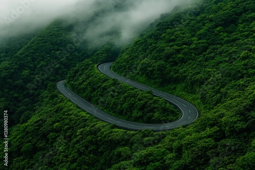 Winding road cutting through lush green forest on a misty day