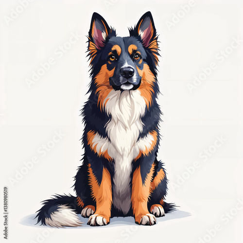 A cute white border collie puppy, a domestic canine and mammal breed also known as a sheepdog, is sitting isolated in a studio portrait against a white background