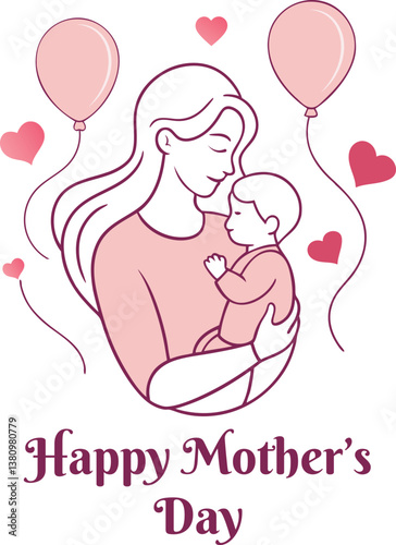 Charming Mother’s Day Celebration Image – Elegant Line Art Depicting the Love Between Mom and Baby