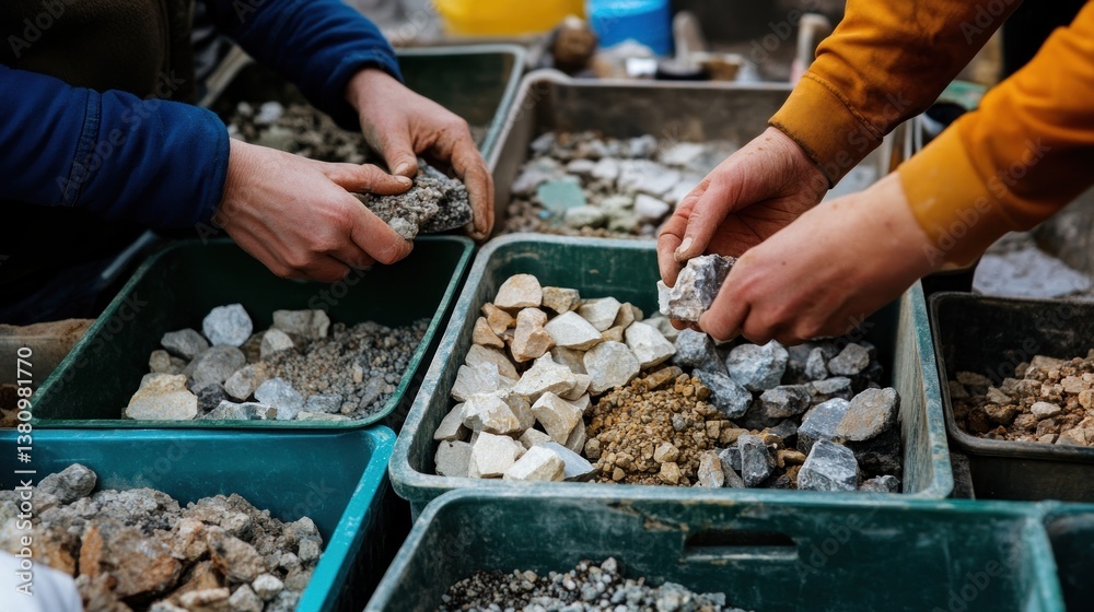 Sorting Stones Two People Holding Rocks in Bins Close Up