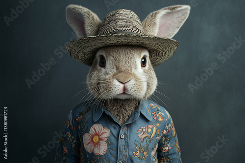 Charming portrayal of a rabbit dressed in fashionable attire, featuring a cozy sweater and sophisticated hat, exuding personality and character in a studio setting with a dark, sophisticated backdrop. photo