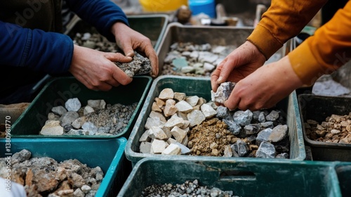 Obraz na płótnie Sorting Stones Two People Holding Rocks in Bins Close Up w salonie