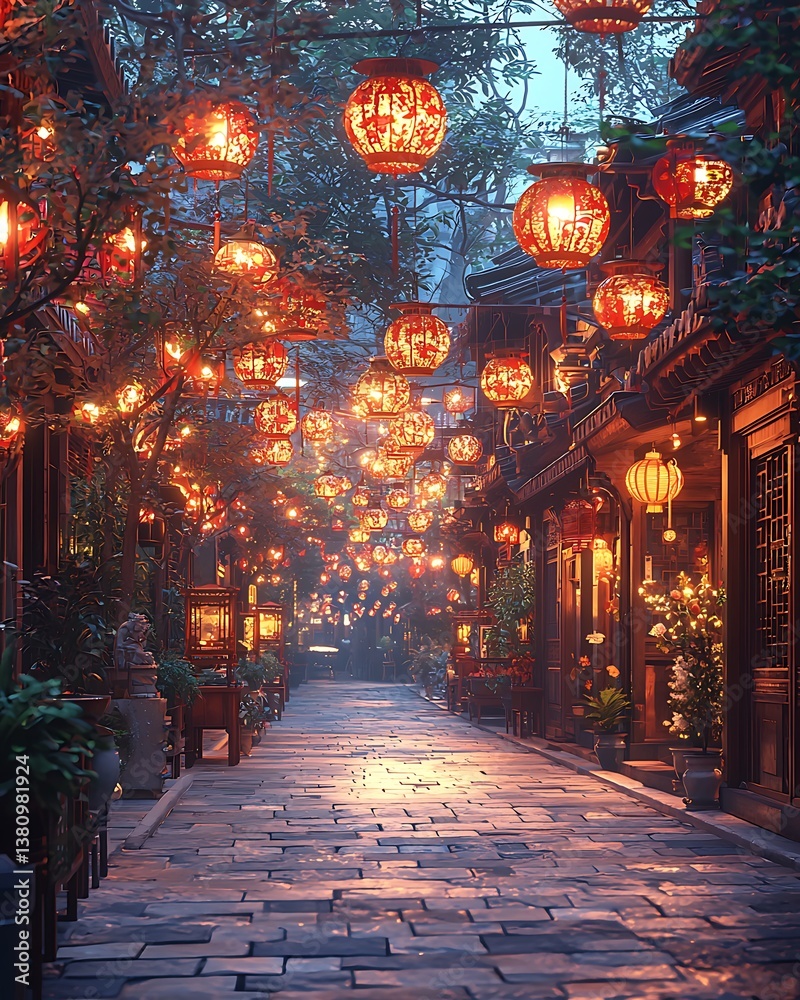 Fototapeta premium Magical street with glowing red lanterns high resolution picture
