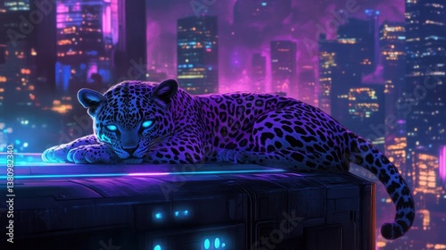 Obraz na płótnie Resting Leopard with Glowing Eyes in a Futuristic Cityscape w salonie