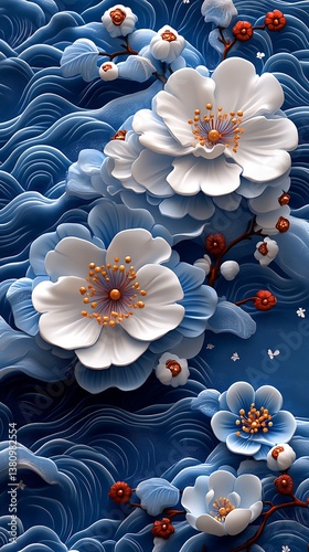  Delicate 3D White and Orange Flowers Adorning Flowing Blue Waves