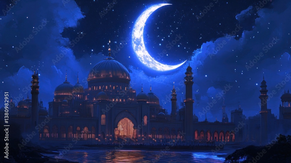 Cityscape with Large Crescent Moon Shining Over Buildings at Night