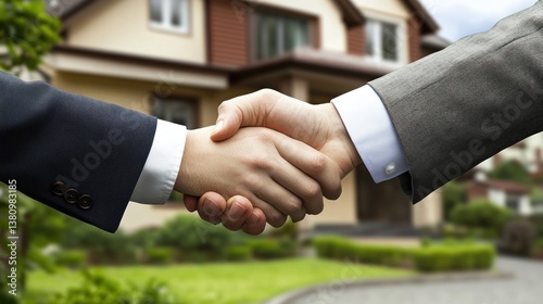 Handshake in Front of a House Symbolizing Agreement and Partnership