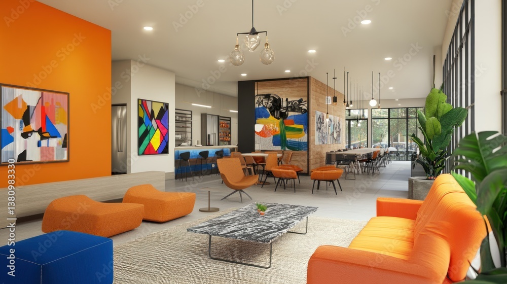Modern Interior Design with Orange Seating Area in a Spacious Lounge