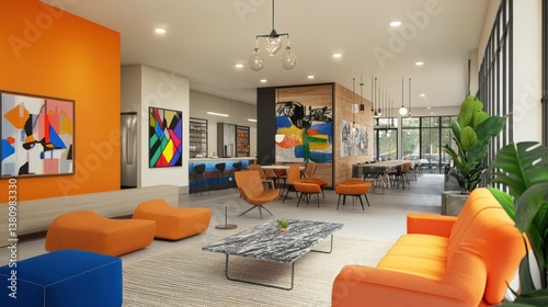 Obraz na płótnie Modern Interior Design with Orange Seating Area in a Spacious Lounge w salonie
