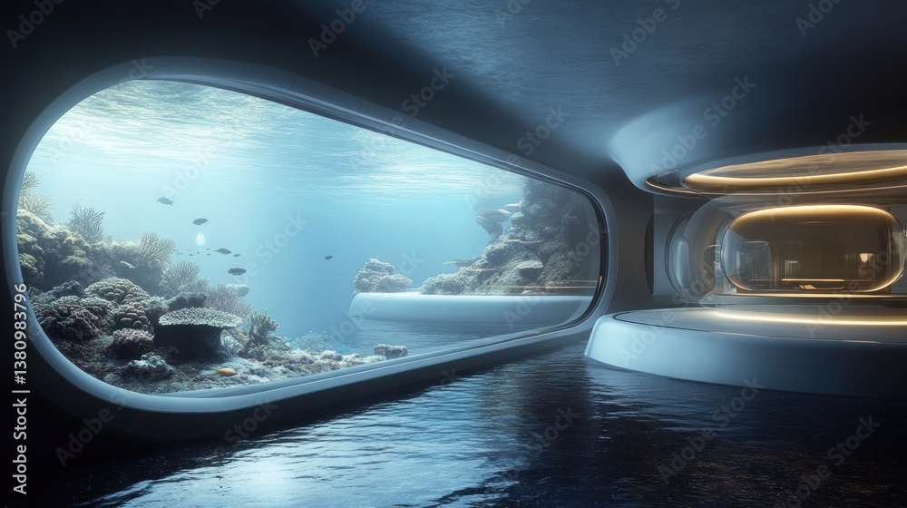 Underwater Habitat View Through Window to Coral Reef and Fish