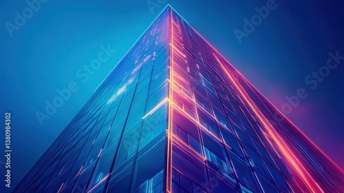 Obraz na płótnie Looking Up at Modern Skyscraper with Vibrant Neon Edges at Dusk w salonie