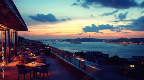 Obraz na płótnie Rooftop Dining Overlooking Cityscape and Ocean at Sunset Hour w salonie