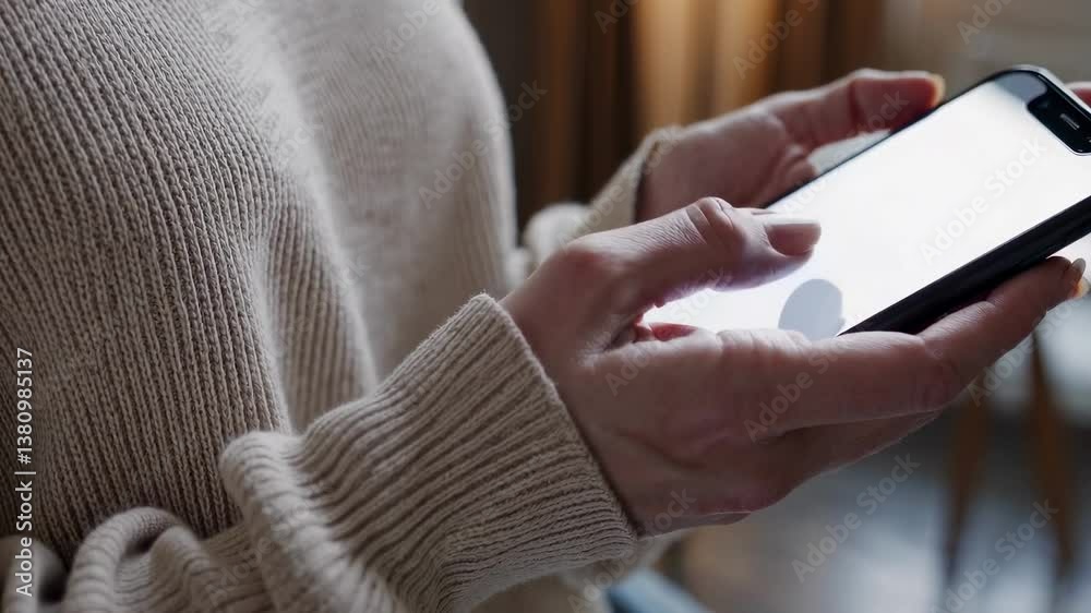 Main féminine tenant un smartphone noir avec écran blanc, gros plan sur les doigts en mouvement, pull beige texturé, ambiance douce et floue – mockup mobile moderne