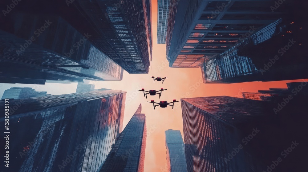 Drones Flying Between Tall Buildings in Cityscape During Sunset Glow
