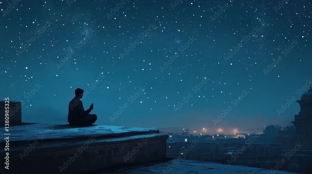 Person Meditating Under Starry Night Sky Above City Lights