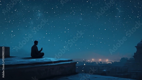 Person Meditating Under Starry Night Sky Above City Lights