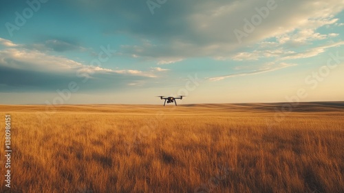 Obraz na płótnie Drone Flying Over Golden Grass Field Under Cloudy Sky w salonie