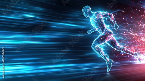 A dynamic, digital illustration of a glowing runner in motion, showcasing speed and energy against a vibrant, abstract background.
