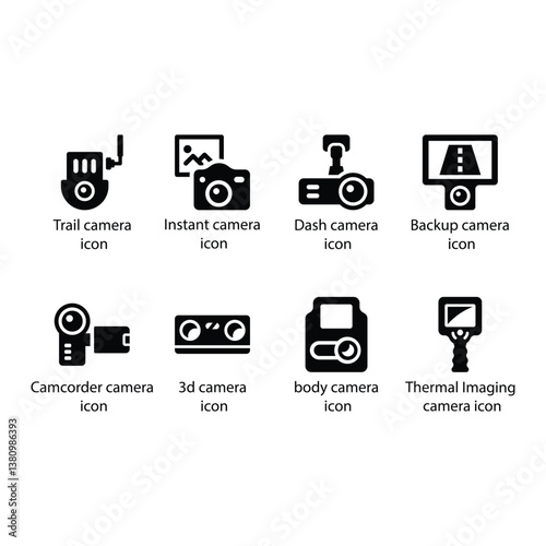 Trail camera, Instant camera, Dash camera, Backup camera, Camcorder camera, 3d camera, body camera, Thermal Imaging camera, Black icon Set